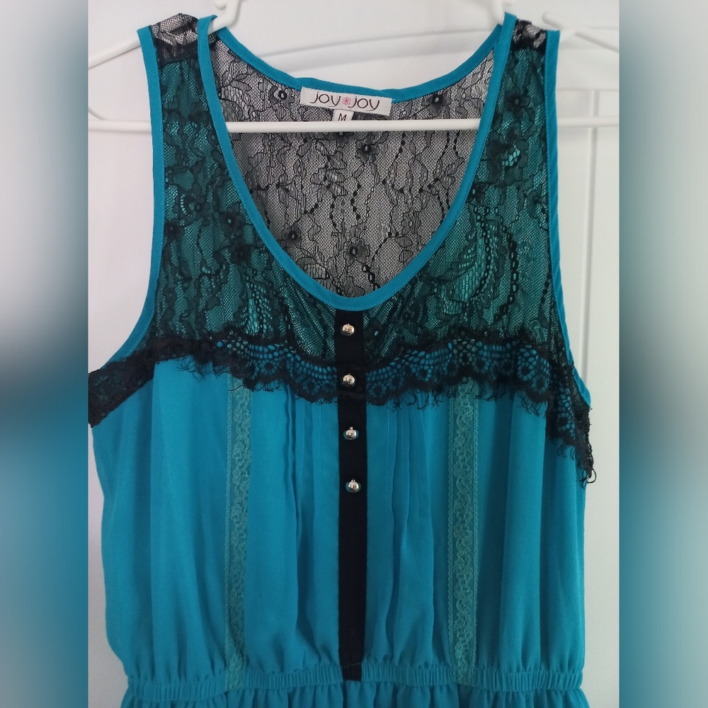 Joy Joy Black Lace Top with Blue Trim